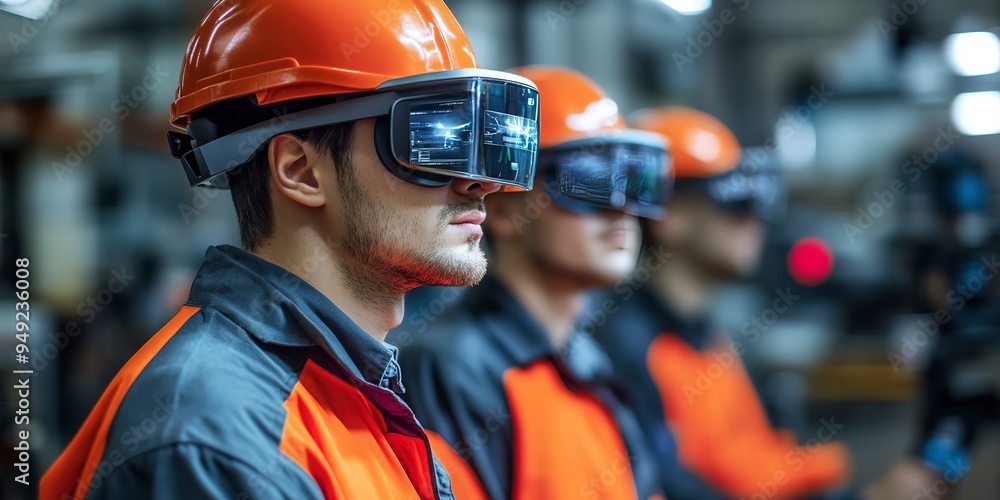 Workers wearing augmented reality (AR) glasses for training in a factory Workers wearing augmented reality (AR) glasses for training in a factory