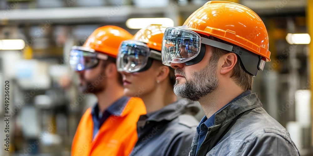 Workers wearing augmented reality (AR) glasses for training in a factory Workers wearing augmented reality (AR) glasses for training in a factory