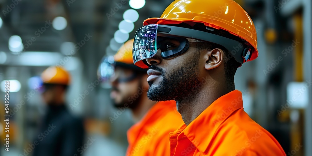 Workers wearing augmented reality (AR) glasses for training in a factory Workers wearing augmented reality (AR) glasses for training in a factory