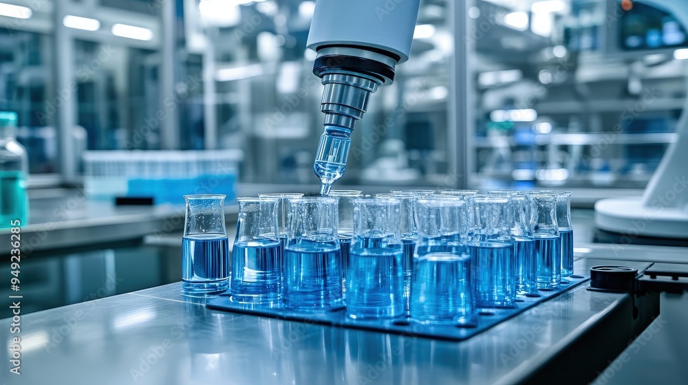 Automated liquid handling system, robotic arm in motion, biotech research Automated liquid handling system, robotic arm in motion, biotech research
