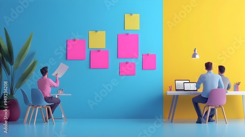 Colorful Digital Wireframes and Creative Brainstorming in Modern Workspace Setting