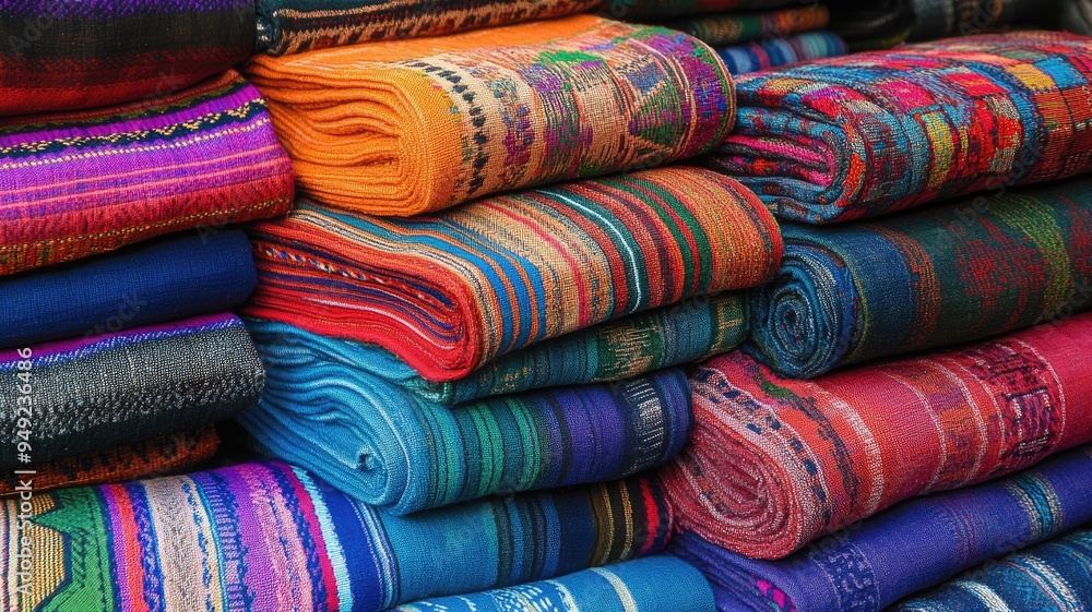 Vibrant, colorful woven textiles displayed in neat stack Vibrant, colorful woven textiles displayed in neat stack