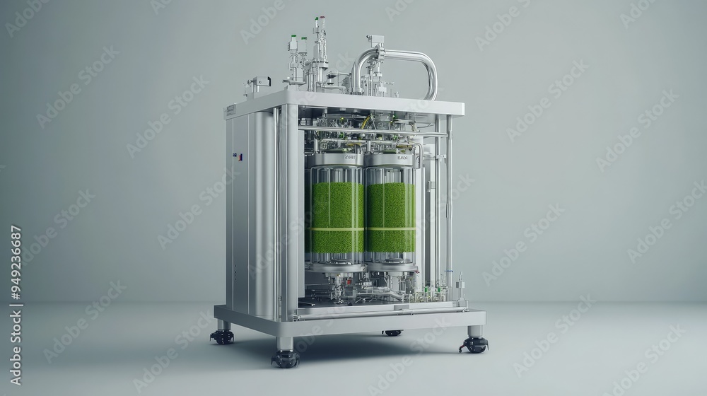 Bioreactor with green algae, bubbling liquid, sustainable biotech research lab Bioreactor with green algae, bubbling liquid, sustainable biotech research lab