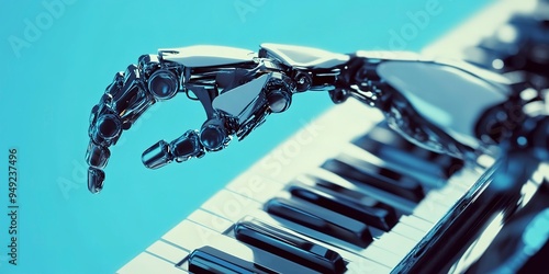 The image of a robot learning to play the piano. a new word in music learning.  photo