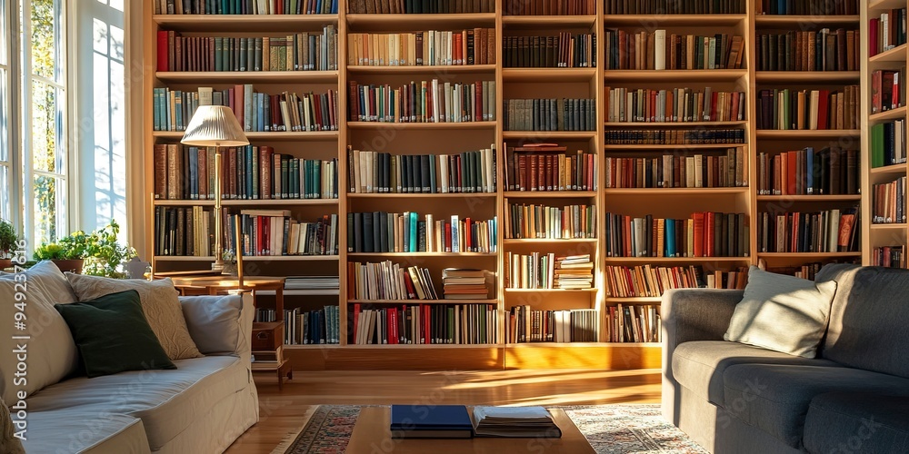 A beautifully designed home library featuring three sections of well-organized, color-coded bookshelves with a variety of books, adding a touch of elegance and intellect to the space. A beautifully designed home library featuring three sections of well-organized, color-coded bookshelves with a variety of books, adding a touch of elegance and intellect to the space.