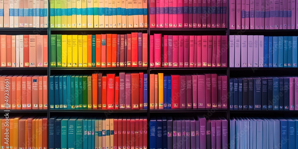 Obraz premium Colorful, gradient bookshelves filled with books, creating a rainbow effect in this vibrant library image. Ideal for education and reading themes. 