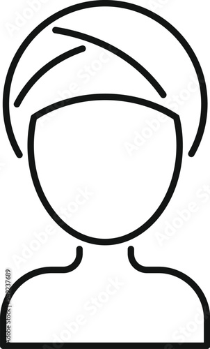 Minimalist line icon representing a woman wearing a towel on her head, ideal for websites and apps related to beauty, wellness, and personal care