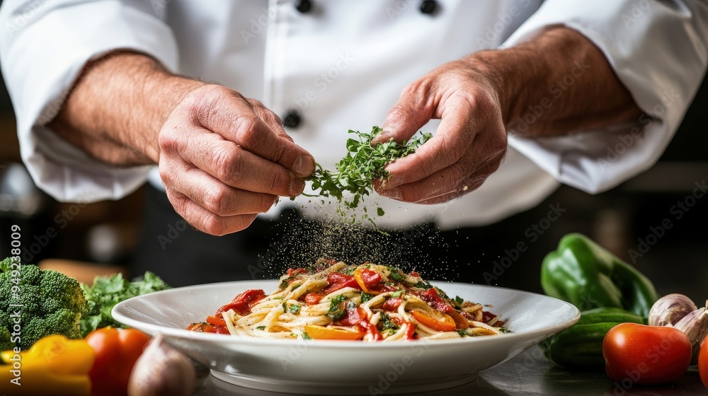 Chef’s hands, sprinkling herbs on a dish, colorful vegetables around, kitchen lighting Chef’s hands, sprinkling herbs on a dish, colorful vegetables around, kitchen lighting