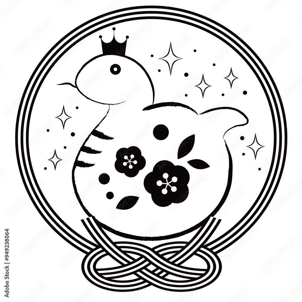 Obraz premium 巳年年賀状アイコン、白黒、蛇、イラスト、鮑結び、かわいい