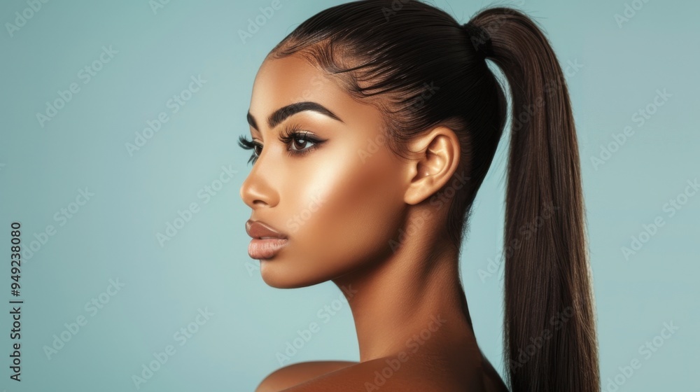 Naklejka premium A beauty girl with long, straight hair styled in a sleek, high ponytail, with a confident expression
