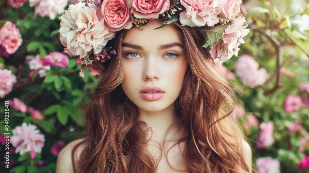 A beauty girl with long, thick hair styled in loose waves, wearing a floral crown in a garden setting A beauty girl with long, thick hair styled in loose waves, wearing a floral crown in a garden setting