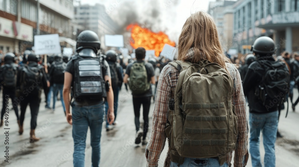 Urban chaos - riots with protesters clashing in city streets amid fire and smoke, depicting scene of emergency, violence, with police controlling situation during a major upheaval. Urban chaos - riots with protesters clashing in city streets amid fire and smoke, depicting scene of emergency, violence, with police controlling situation during a major upheaval.