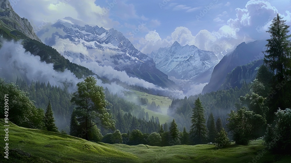 Obraz premium Majestic Mountain Landscape with Foggy Valley and Snow-Capped Peaks