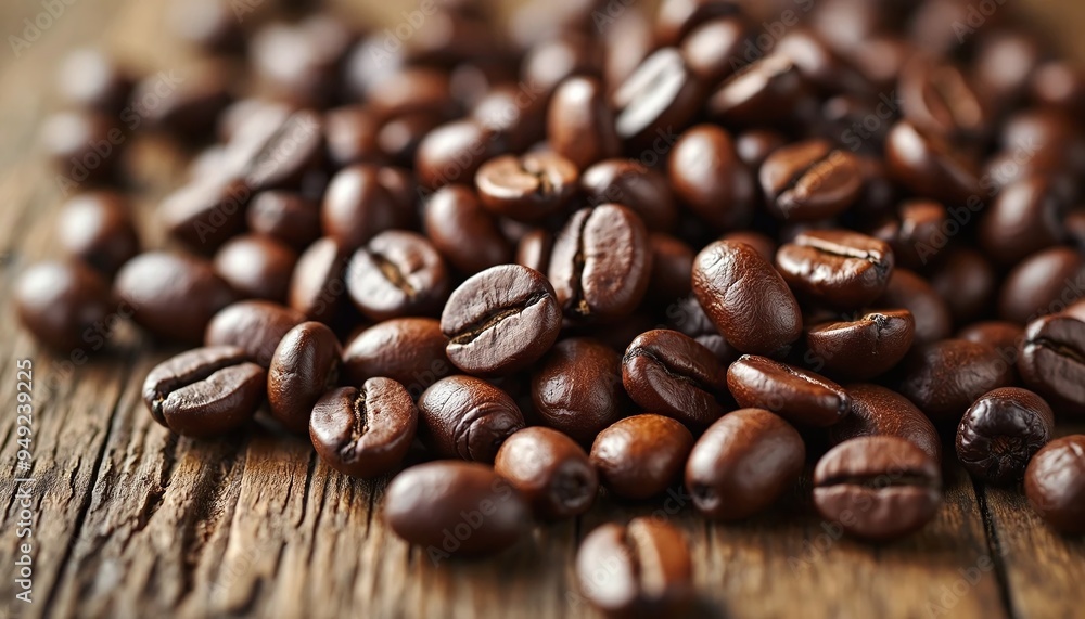 Close-up of Coffee Beans on Rustic Wooden Table Close-up of Coffee Beans on Rustic Wooden Table