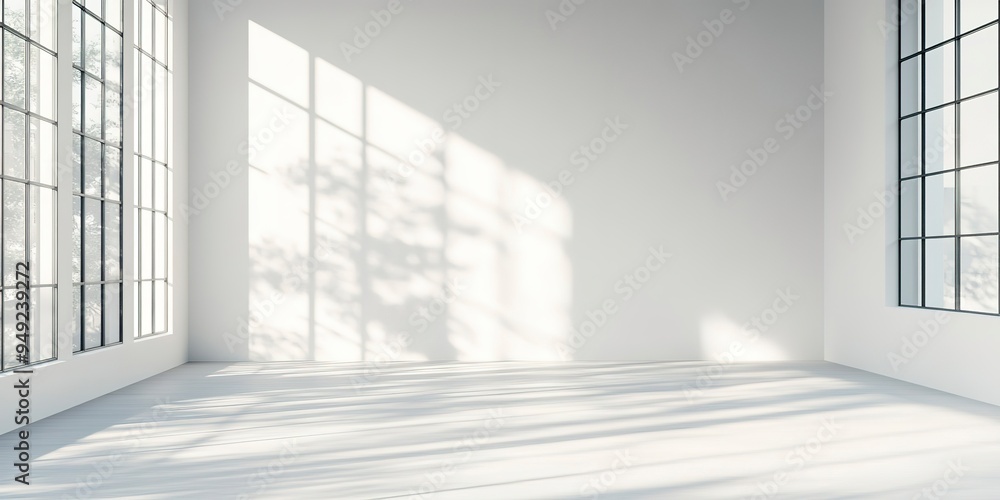Empty room with large windows and sunlight casting shadows on white walls. Empty room with large windows and sunlight casting shadows on white walls.