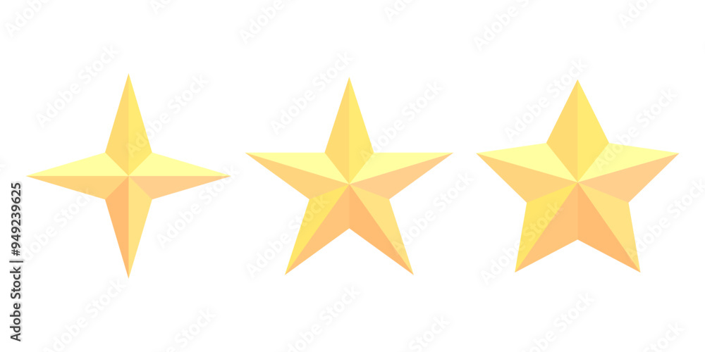 Yellow star icons. Geometric three dimensional shapes. Gradient golden hues. Vector symbols. Yellow star icons. Geometric three dimensional shapes. Gradient golden hues. Vector symbols.