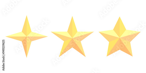 Yellow star icons. Geometric three dimensional shapes. Gradient golden hues. Vector symbols.