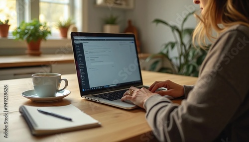 Woman Working on Laptop at Home Office with Coffee