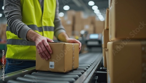 Worker Handling Packages on Conveyor Belt in Warehouse