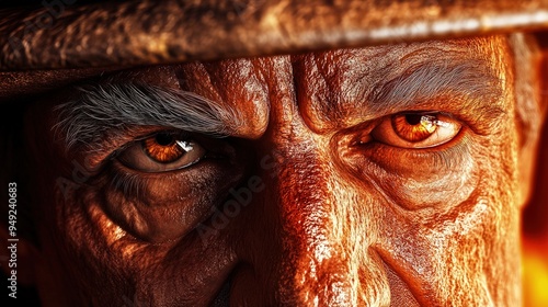 Close-up of a firefighter's face, helmet on, soot marks, glow of firelight photo