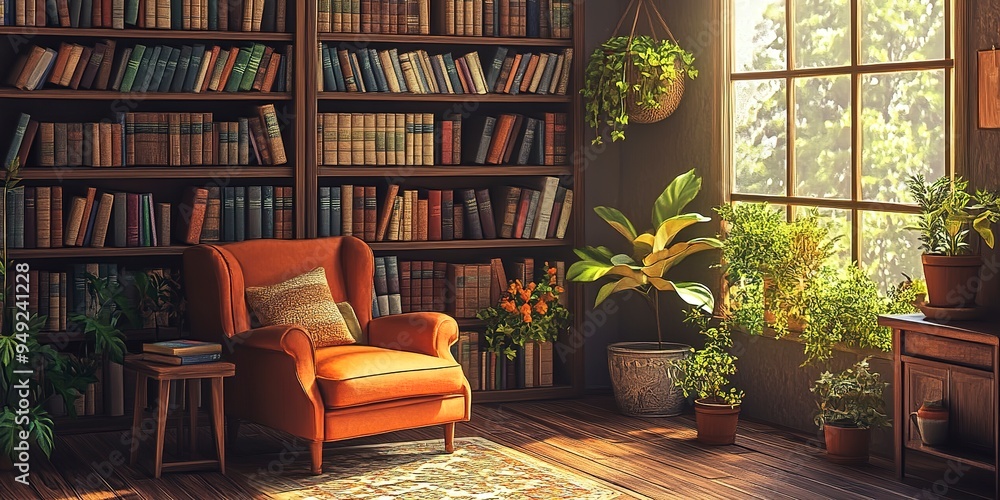 old library with cozy armchair and book shelves with books arranged orderly in room with potted plants by window old library with cozy armchair and book shelves with books arranged orderly in room with potted plants by window