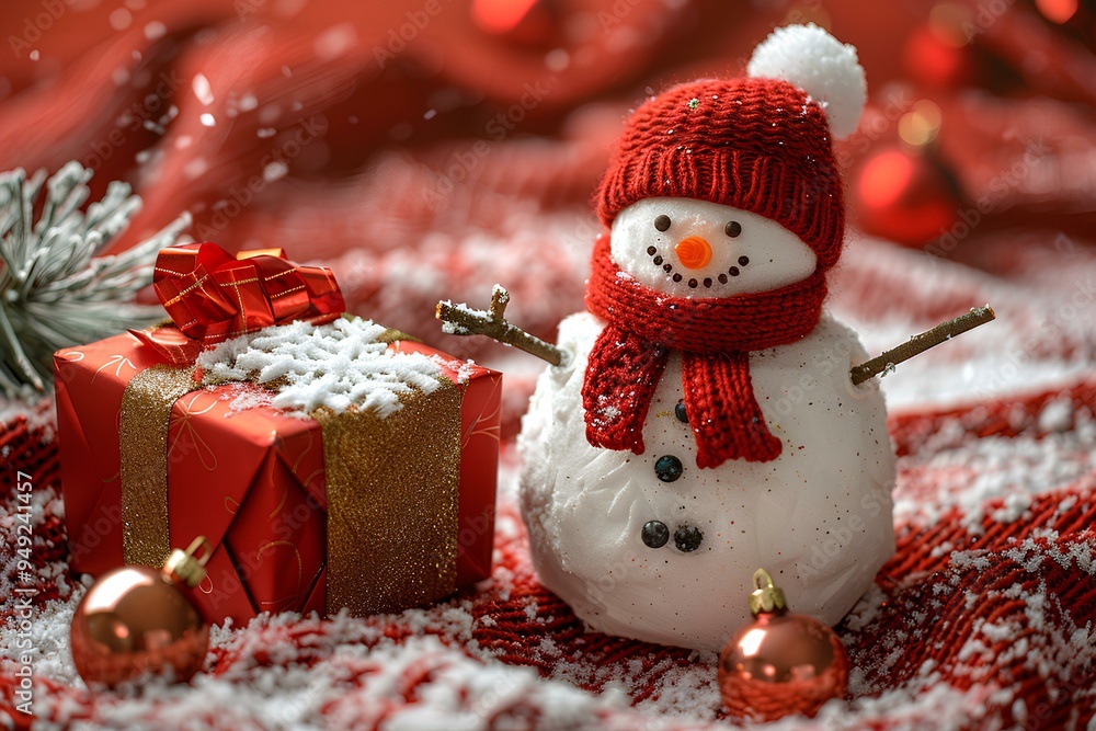 A snowman with a red hat and scarf next to a gift box A snowman with a red hat and scarf next to a gift box