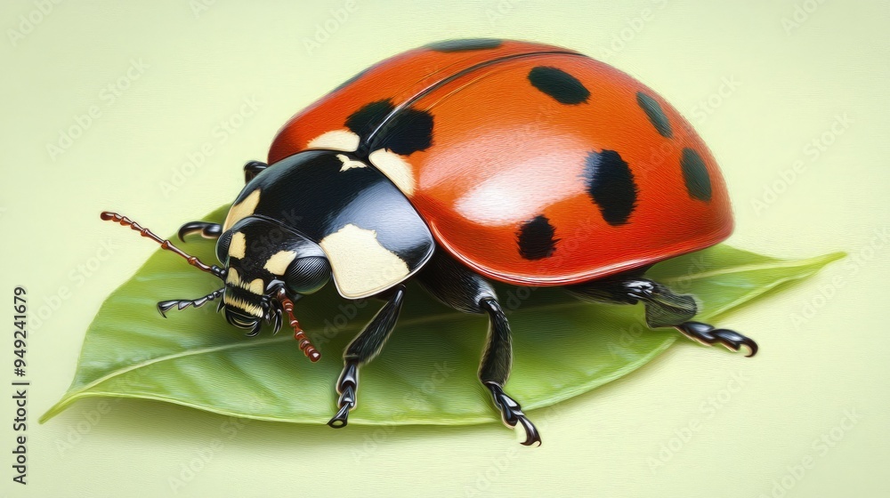 Close-up of a ladybug on a leaf, bright red shell, soft green background Close-up of a ladybug on a leaf, bright red shell, soft green background