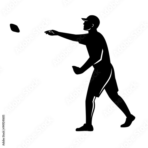 Stencil illustration of silhouette of a male cornhole player throwing a bean bag, a lawn game aka sack toss, or bags viewed from side on isolated background done in black and white retro style.
