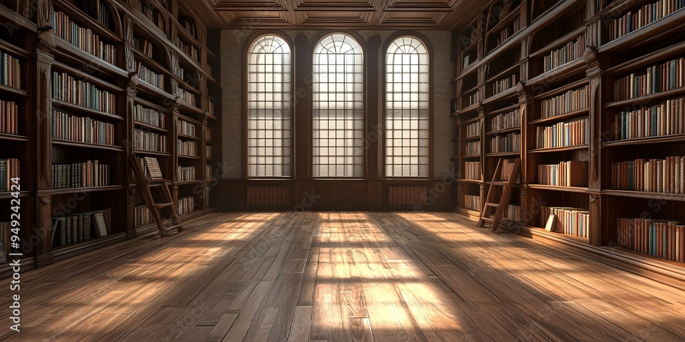 Old library interior with bookshelf and wooden floor. 3d rendering Old library interior with bookshelf and wooden floor. 3d rendering