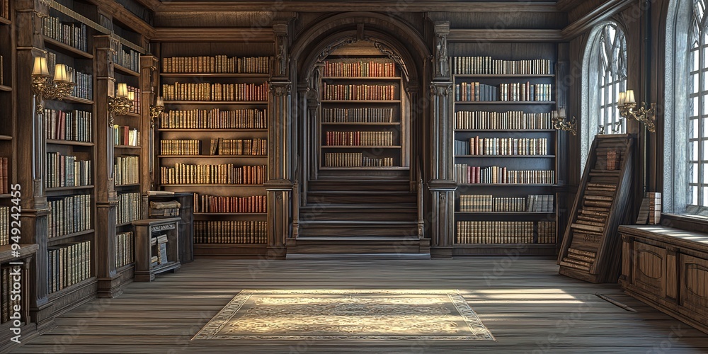 Old library interior with bookshelf and wooden floor. 3d rendering Old library interior with bookshelf and wooden floor. 3d rendering
