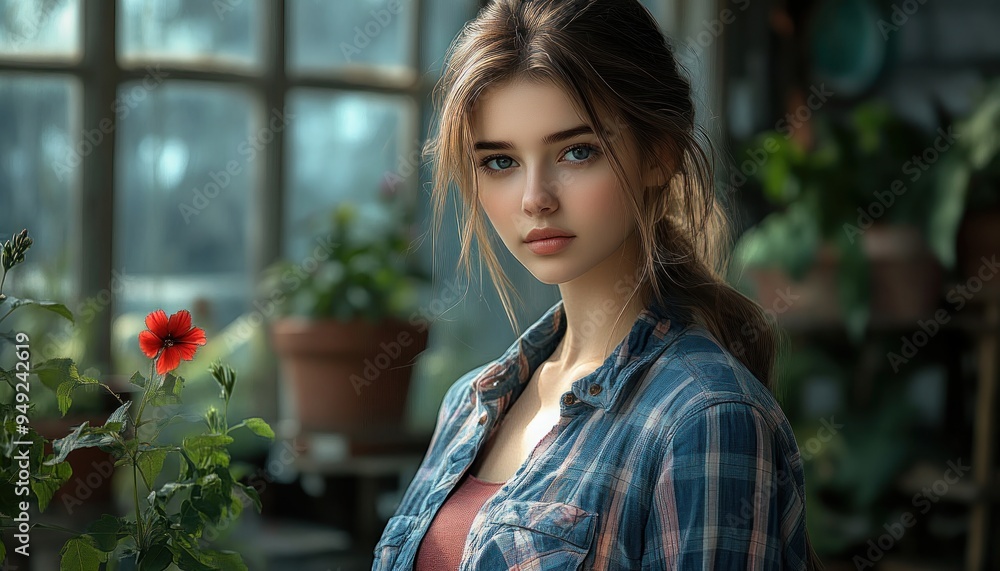 Serene Woman in Greenhouse, Calmly Nurturing Plants, A Moment of Tranquility and Connection with Nature Discover the Peaceful Beauty of Plant Care in a Serene Setting Serene Woman in Greenhouse, Calmly Nurturing Plants, A Moment of Tranquility and Connection with Nature Discover the Peaceful Beauty of Plant Care in a Serene Setting