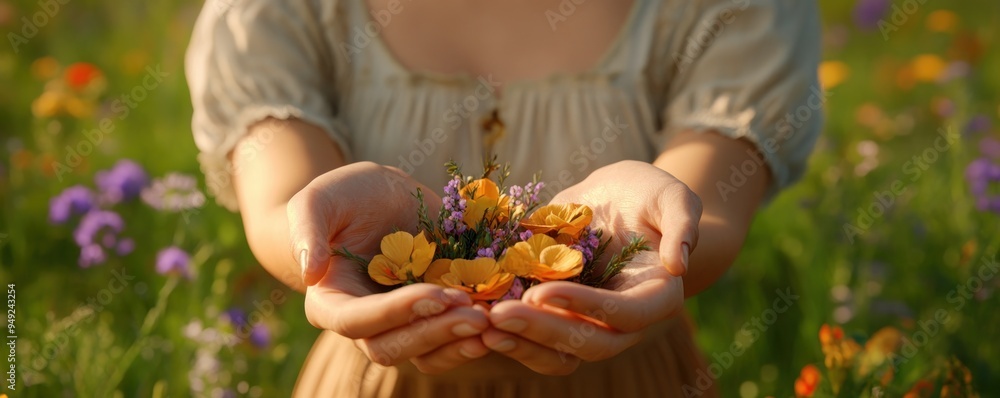 Woman Holding Wildflowers in a Meadow, Peaceful and Serene Nature Photography, Tranquil Beauty of Nature, Gentle Hands Holding Flowers, Springtime Meadow, Wildflowers Blooming, Soft Sunlight, Natural Woman Holding Wildflowers in a Meadow, Peaceful and Serene Nature Photography, Tranquil Beauty of Nature, Gentle Hands Holding Flowers, Springtime Meadow, Wildflowers Blooming, Soft Sunlight, Natural