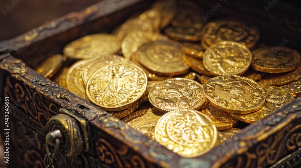 A close-up of gold coins inside a treasure chest, with intricate details visible on each coin A close-up of gold coins inside a treasure chest, with intricate details visible on each coin