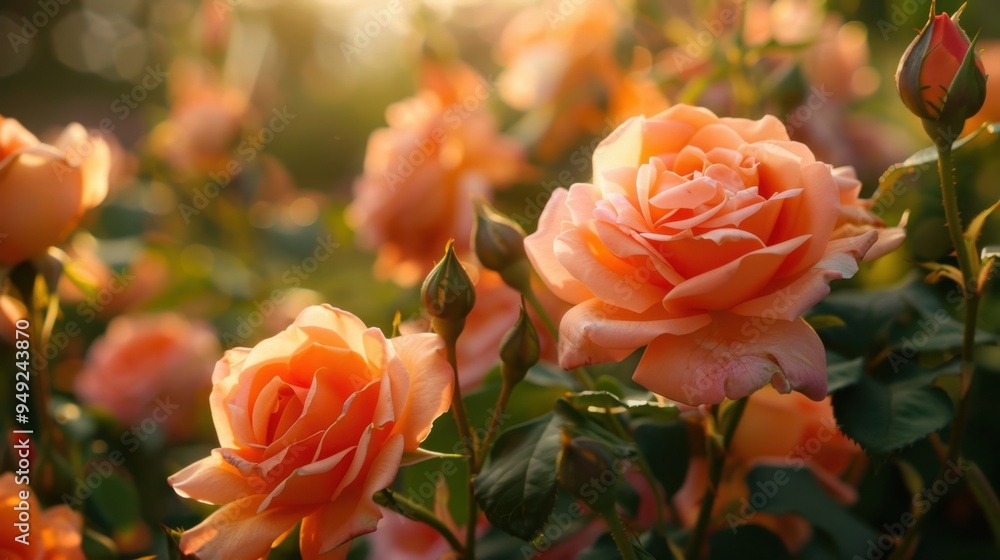 A close-up of orange roses in full bloom, with their vibrant petals glowing in the afternoon sun A close-up of orange roses in full bloom, with their vibrant petals glowing in the afternoon sun
