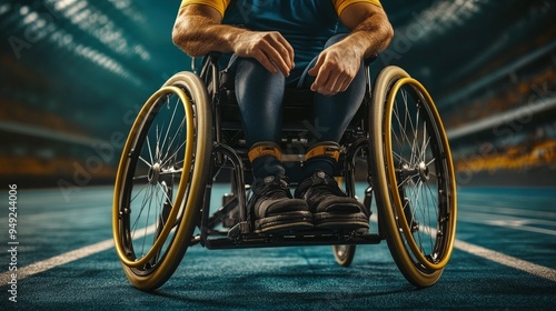 Close-up of a para-athlete adjusting his wheelchair before a race, hands gripping the wheels, racetrack background photo