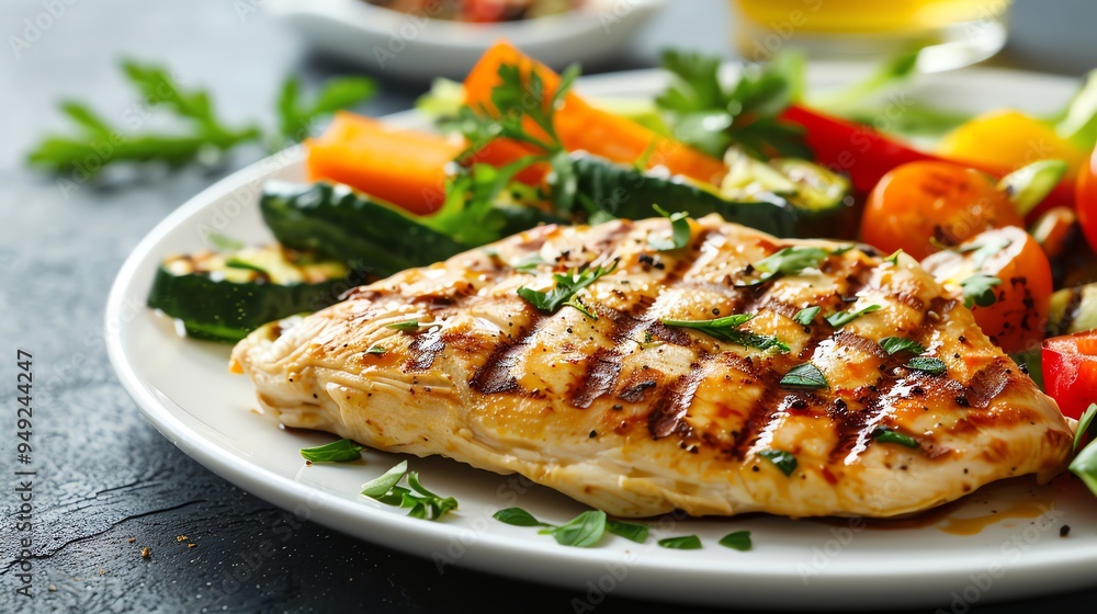 Grilled chicken breast with grilled vegetables on a white plate. Grilled chicken breast with grilled vegetables on a white plate.
