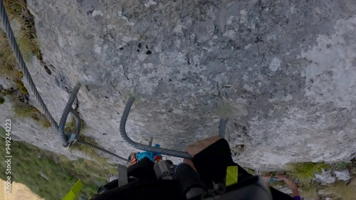 POV Via Ferrata, Vertical Climb With Safety Climbing Set Closeup Of  Rocks