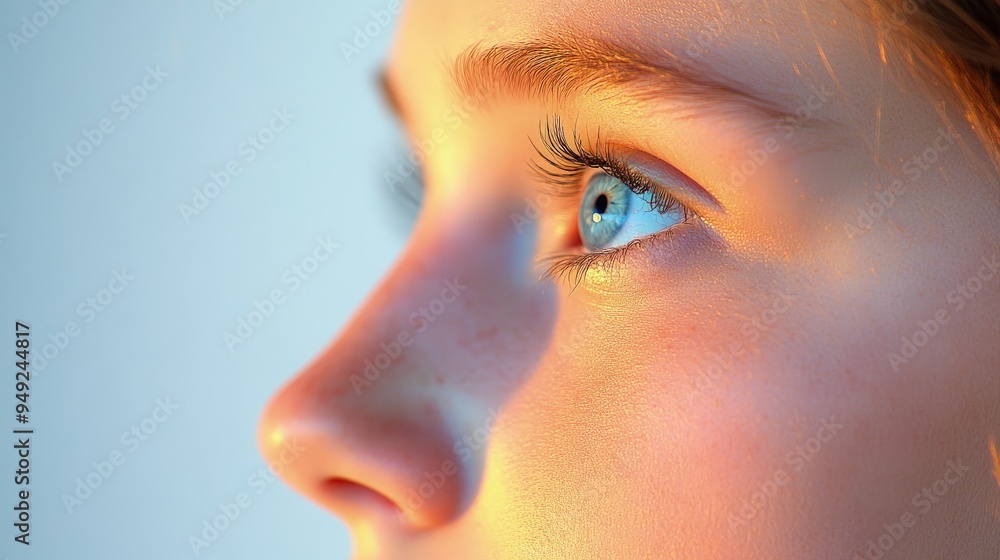 Fototapeta premium Close-up of a teenager’s face, looking pensive, eyes downcast, soft evening light
