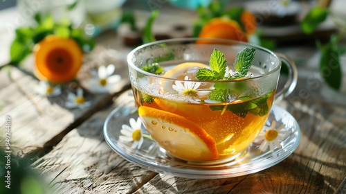 A glass cup of tea with orange slices, mint, and chamomile flowers.