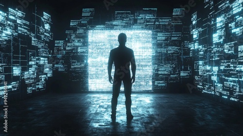 Silhouette of man standing before digital data wall