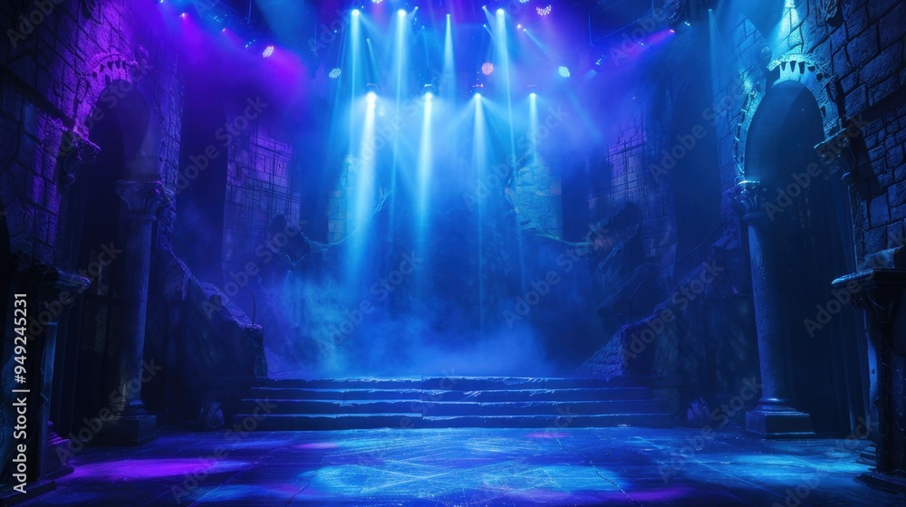 Obraz premium A dramatic stage scene with blue and purple lights creating a mystical atmosphere