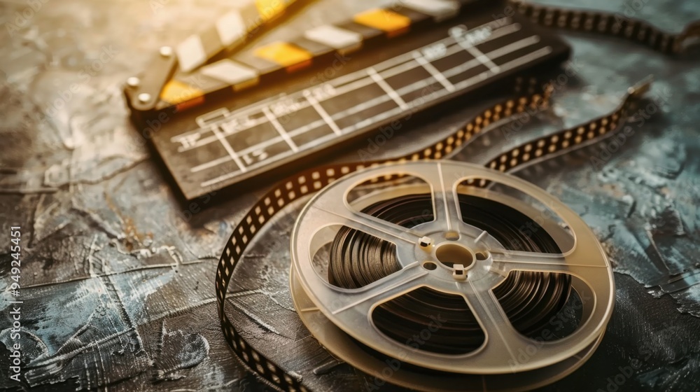 A film reel partially unspooled on a table, with a clapperboard and script beside it A film reel partially unspooled on a table, with a clapperboard and script beside it