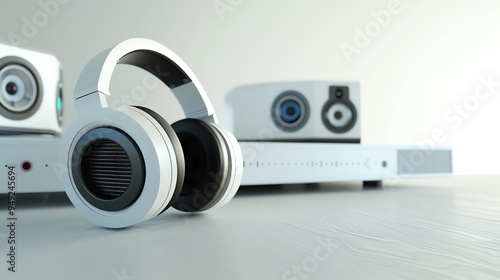 A pair of white headphones on a white table, with speakers and a receiver in the background. photo