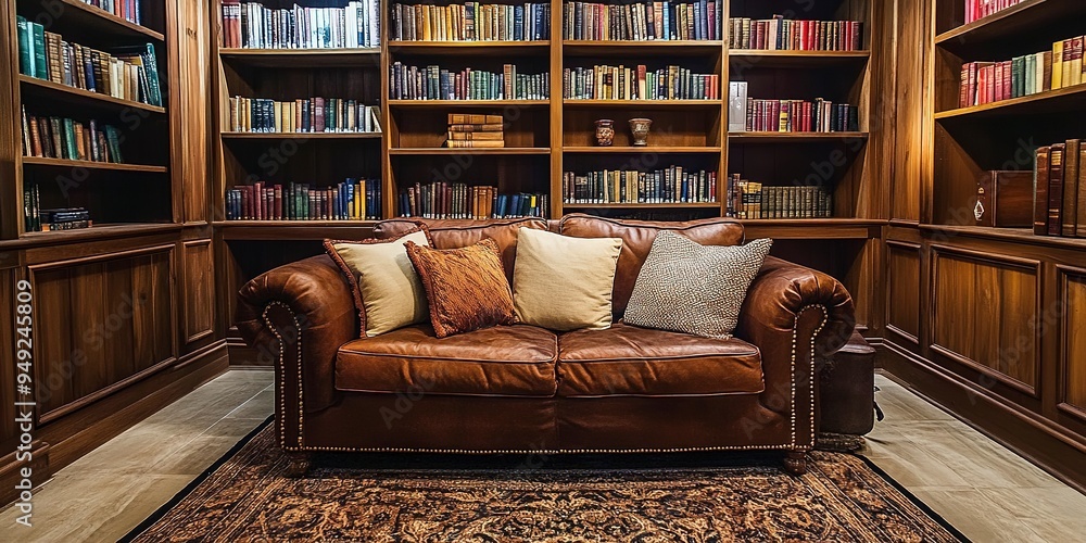 A small home library with dark wooden shelves, a comfortable loveseat A small home library with dark wooden shelves, a comfortable loveseat