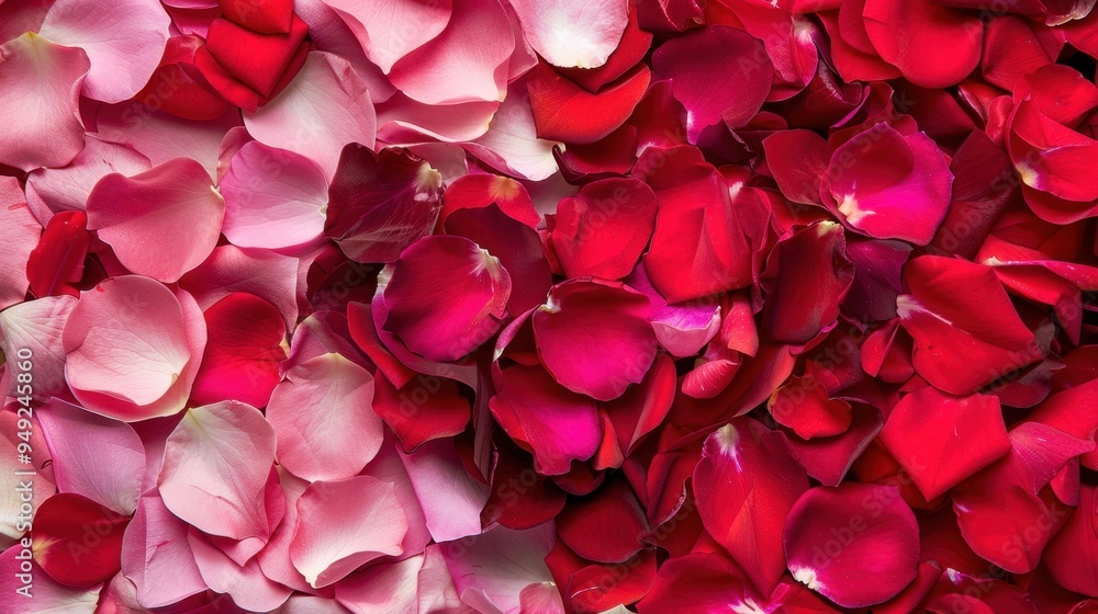 A flat lay of rose petals in different shades of red and pink, arranged in a heart shape A flat lay of rose petals in different shades of red and pink, arranged in a heart shape
