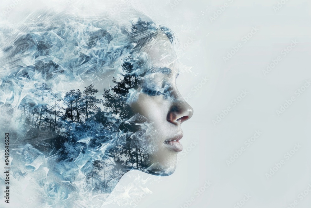 A portrait of a woman against a serene forest backdrop A portrait of a woman against a serene forest backdrop