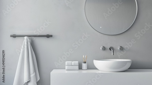 A minimalist bathroom with a clean white sink, a mirror, and a single hand towel on the rack photo