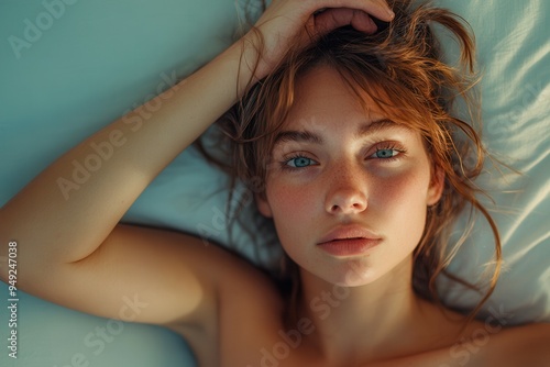 A serene moment captured as a woman reflects while lying on her bed, her hand on her forehead, embodying vulnerability and softness in a tranquil atmosphere filled with gentle light. photo