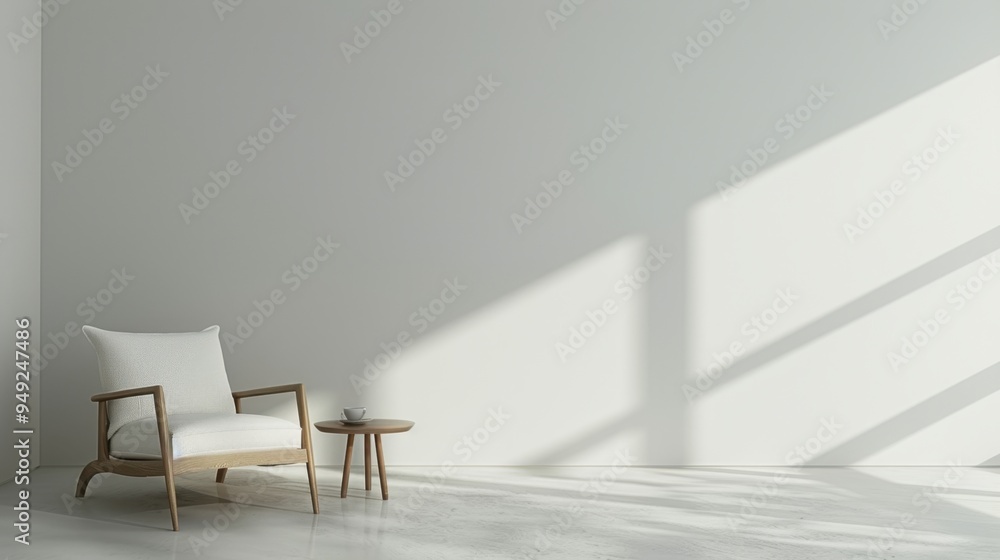 Fototapeta premium A minimalist living room with a single armchair, a small table, and a clean, uncluttered floor