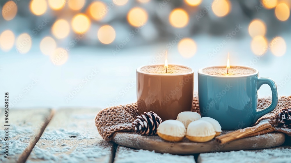 Warm candles glowing in cozy mugs, surrounded by festive decorations, creating a serene atmosphere for relaxation and comfort. Warm candles glowing in cozy mugs, surrounded by festive decorations, creating a serene atmosphere for relaxation and comfort.